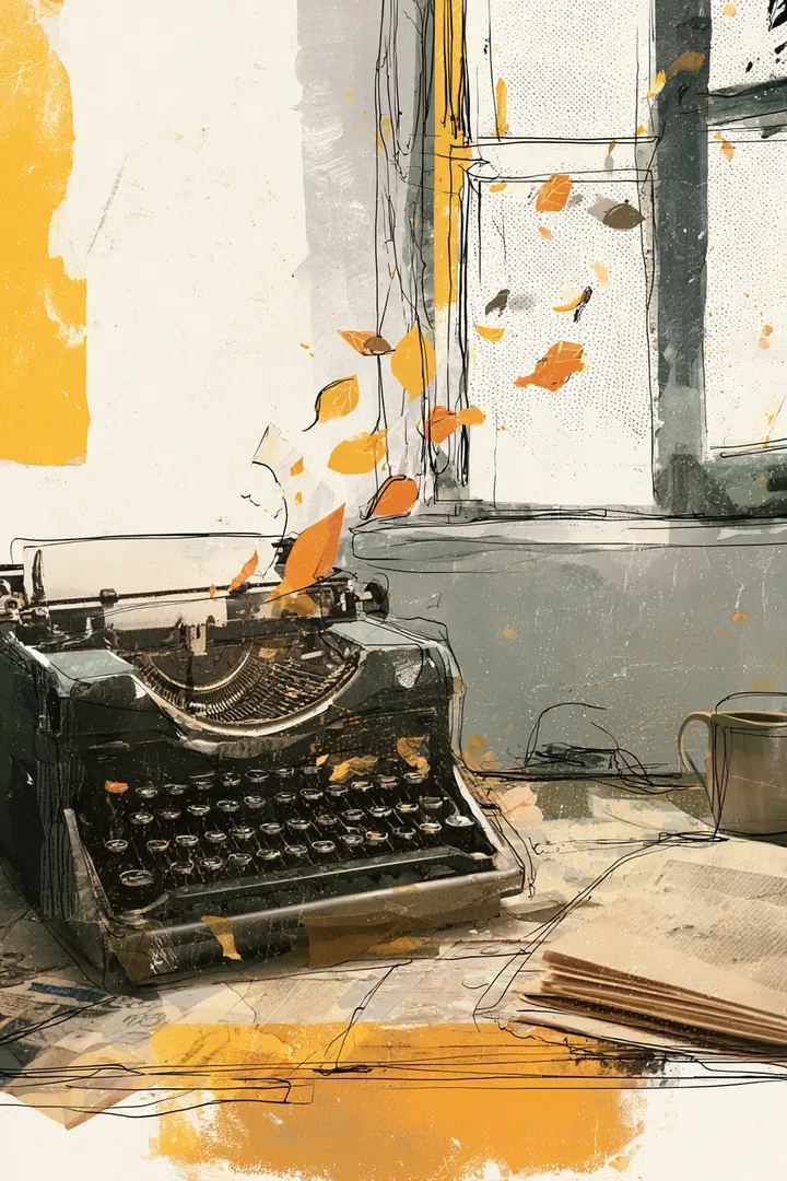 A writing desk with a manual typewriter and paper leaves drifting toward an open window, where Split Rent Payments guides are written