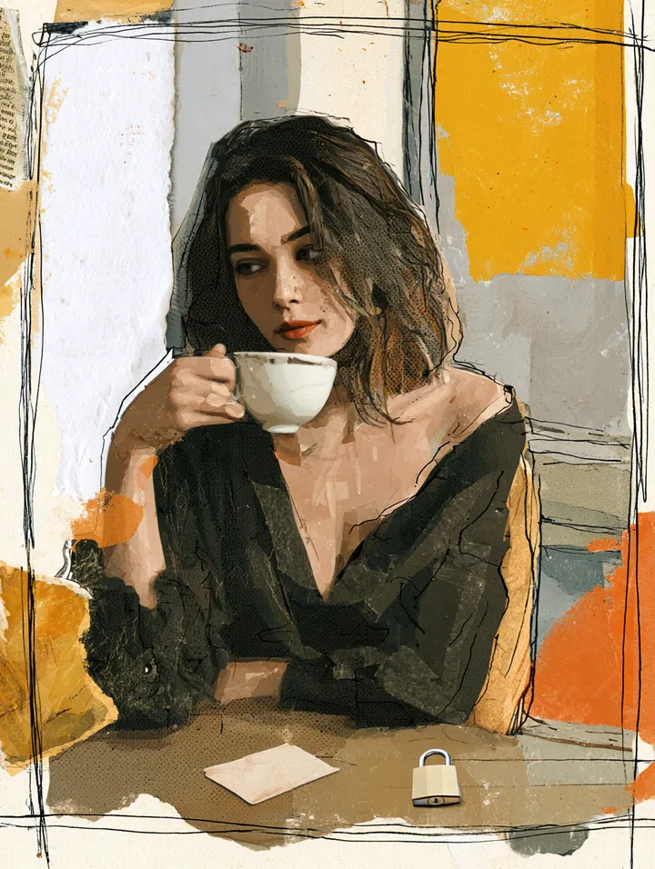 American woman sipping tea at a window seat with one paper card on the table under a small paper padlock