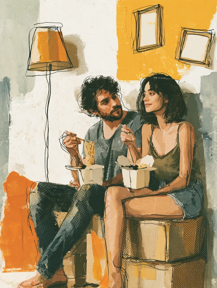 American couple sitting on stacked moving boxes eating takeout from paper cartons on their first night in a new apartment