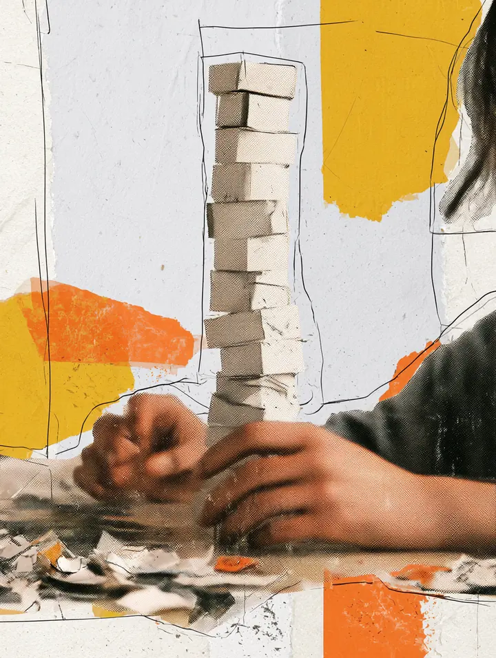 Close-up of hands stacking many small paper blocks into one tall tidy tower, how a debt consolidation loan combines balances