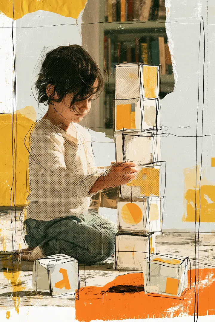 American child stacking oversized paper alphabet blocks into a tower on a living room rug, building loan vocabulary block by block
