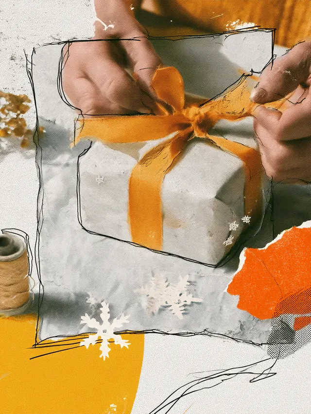 A grandmother's hands tying a ribbon bow on a small paper-wrapped box next to a handwritten gift list