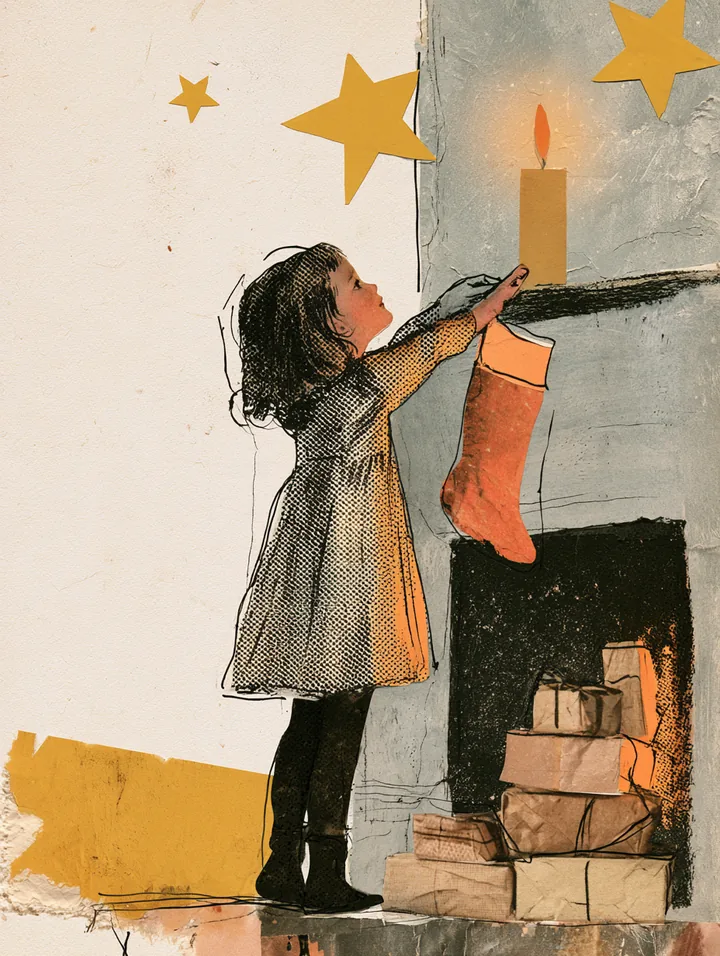American child on tiptoe hanging a stocking from a mantel beside stacked gifts funded by a holiday loan