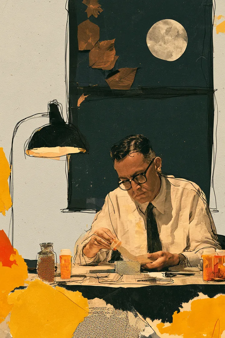 American man reading a prescription label under a desk lamp with a paper calendar showing a 90-day fill