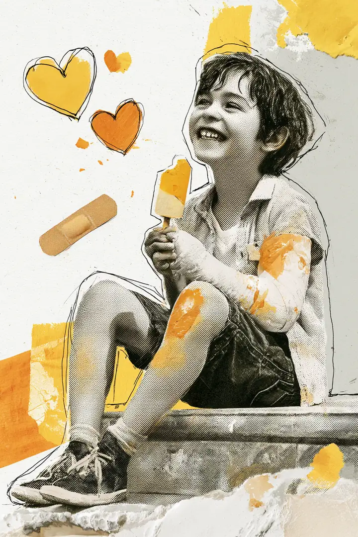 American boy with an arm cast eating an ice cream cone on clinic steps, cared for after a medical loan covered the visit