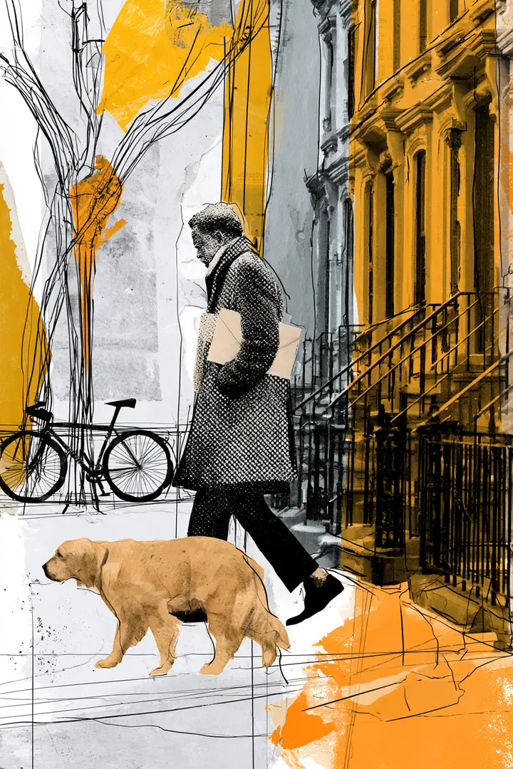 Man walking a golden retriever past brownstone stoops with a personal loan envelope under his arm