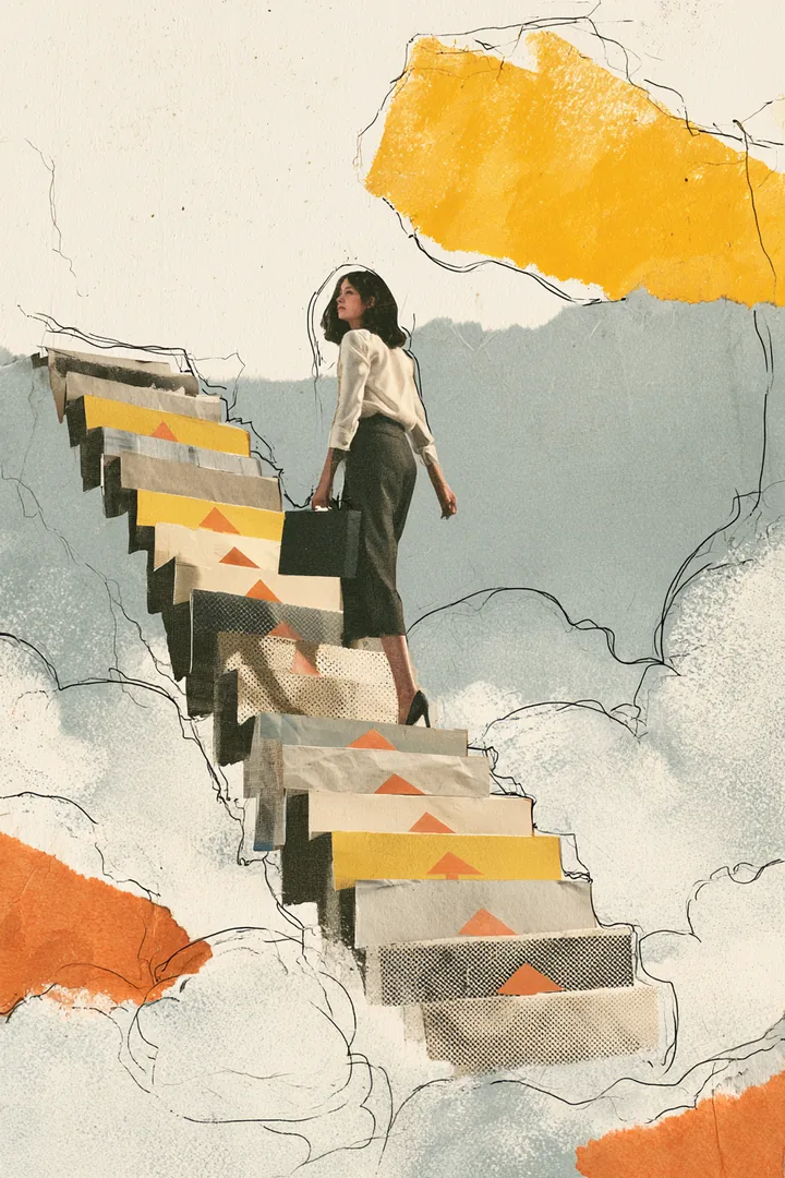 Woman climbing a staircase of paper steps marked with small orange arrows, representing how personal loan rates rise with risk