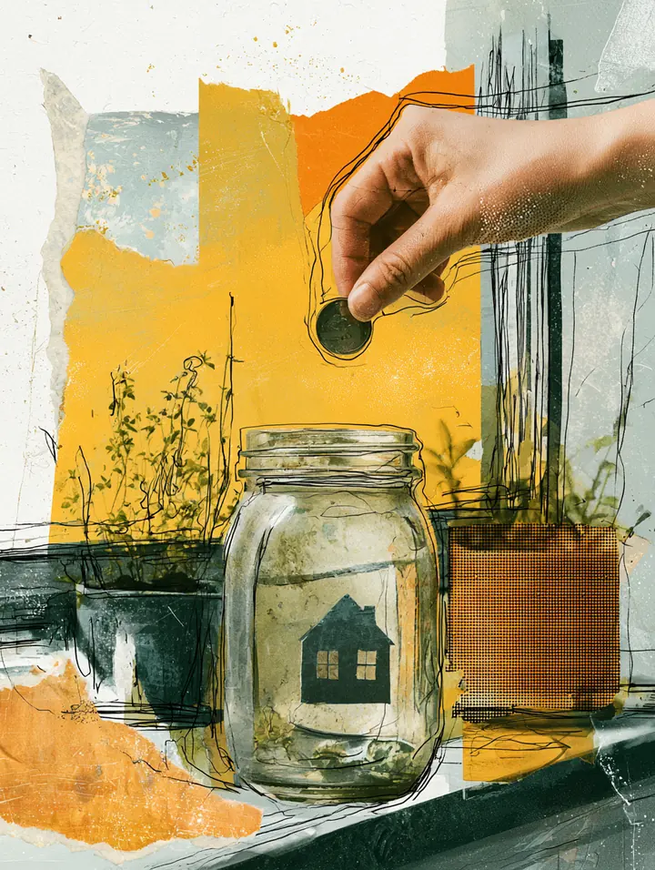 Hand dropping a paper coin into a savings jar with a small house on it, a simple way to picture split rent payments