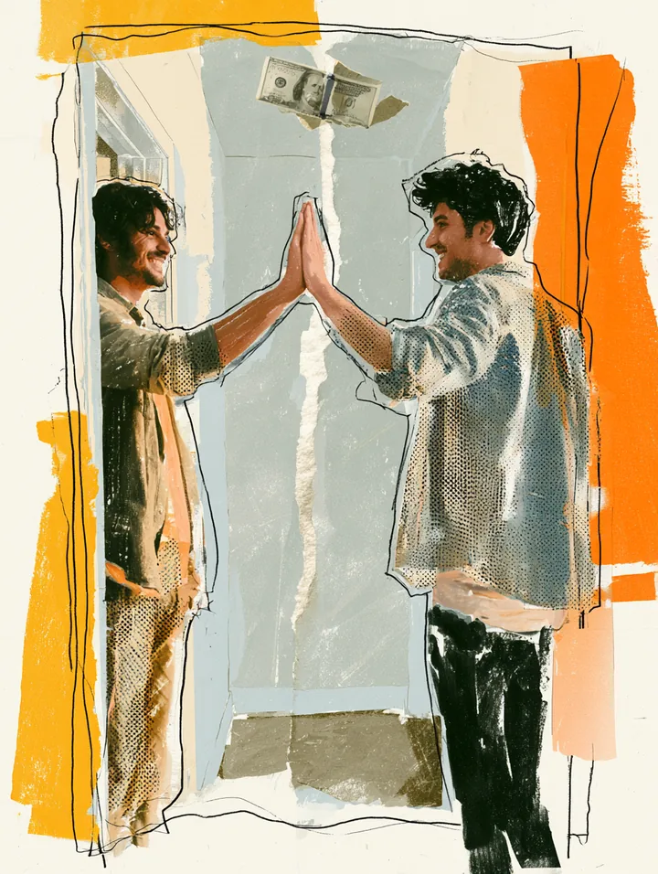 Two American roommates high-fiving in a hallway with a paper bill torn cleanly down the middle between them