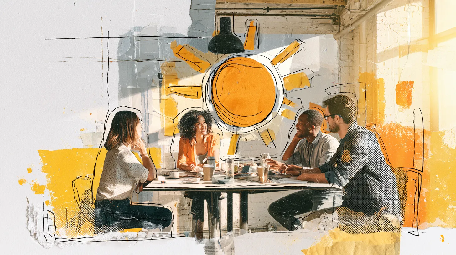 A small American team of four in a converted brick warehouse office pinning paper notes to a wall board, the Split Rent Payments team
