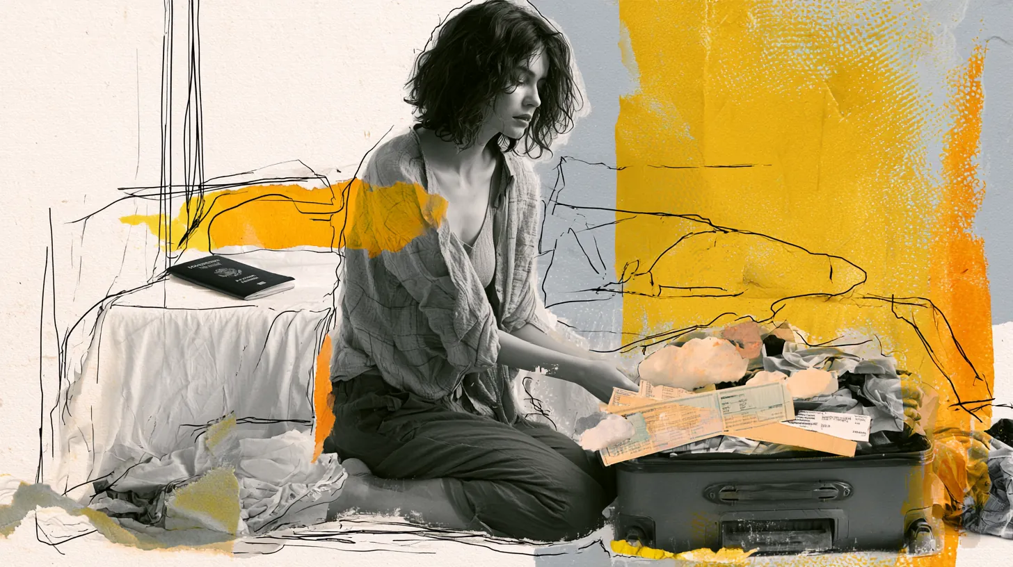 American woman kneeling on a bed packing a suitcase while paper airplanes circle overhead, budgeting for a first flight vacation
