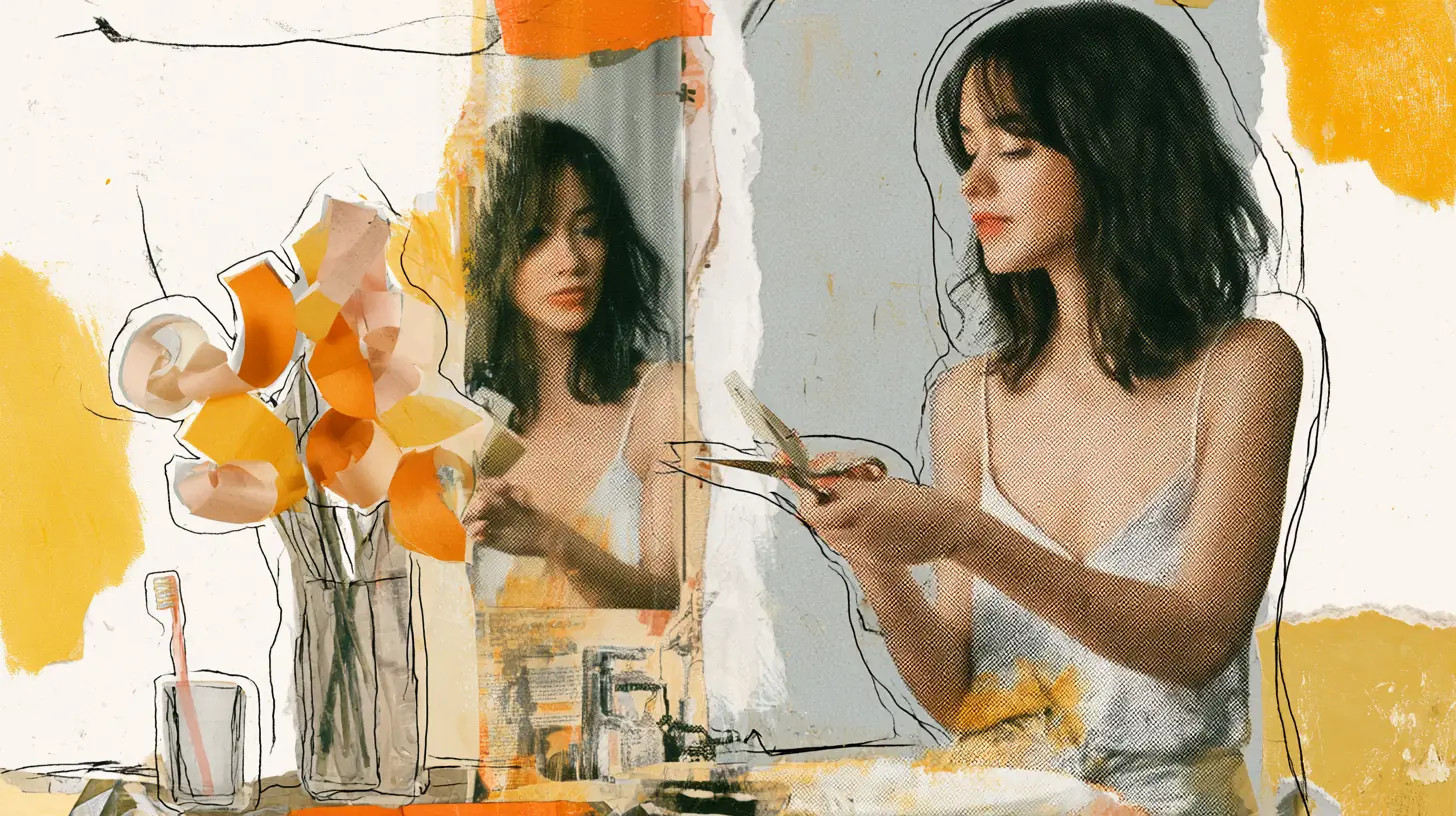 American woman at a bathroom mirror snipping a plastic card with scissors, deciding which cards to close after a debt consolidation loan