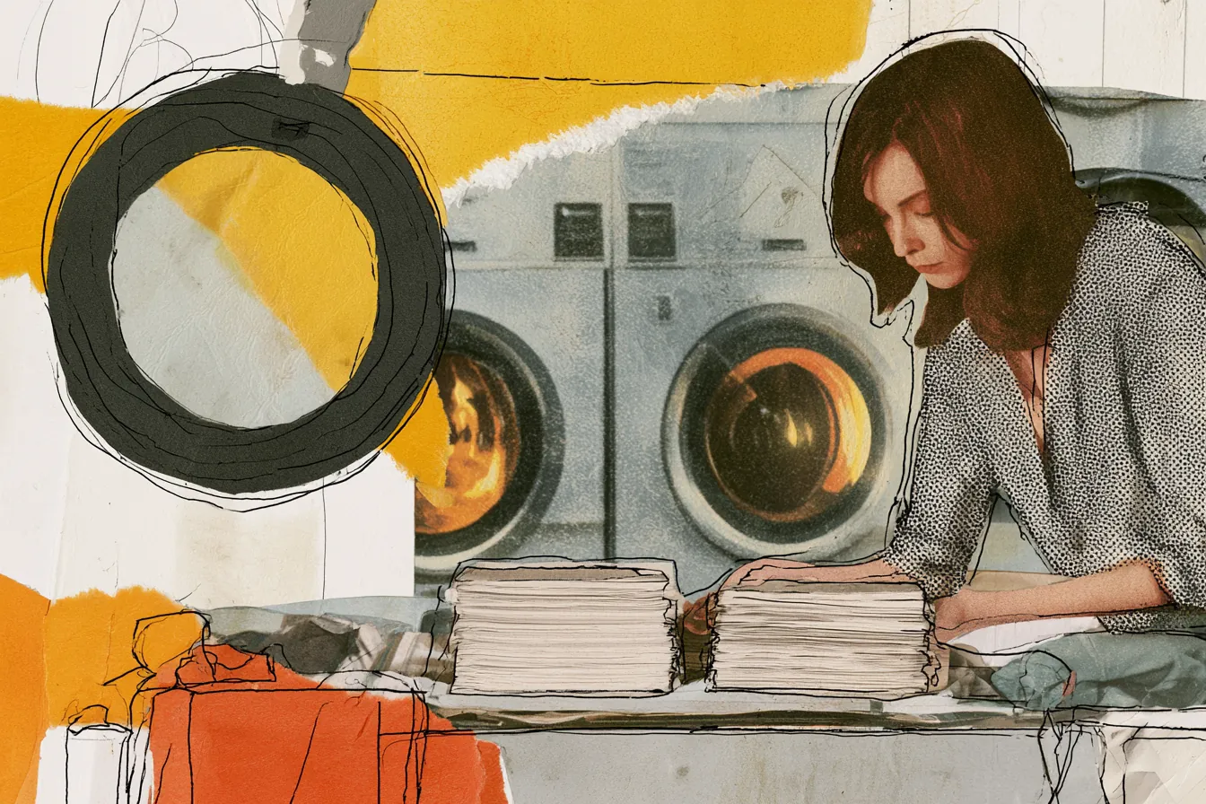 American woman at a laundromat comparing two paper columns under a paper magnifying glass, comparing small personal loan lenders