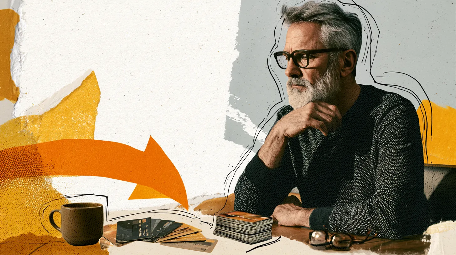Middle-aged American man at a dining table with credit cards being swept into one stack by an orange paper arrow, a debt consolidation loan illustration