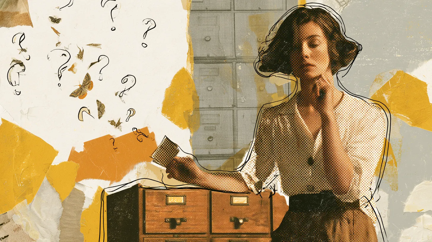 American librarian pulling a card from an oak card catalog while paper question marks flutter out, the Split Rent Payments FAQ
