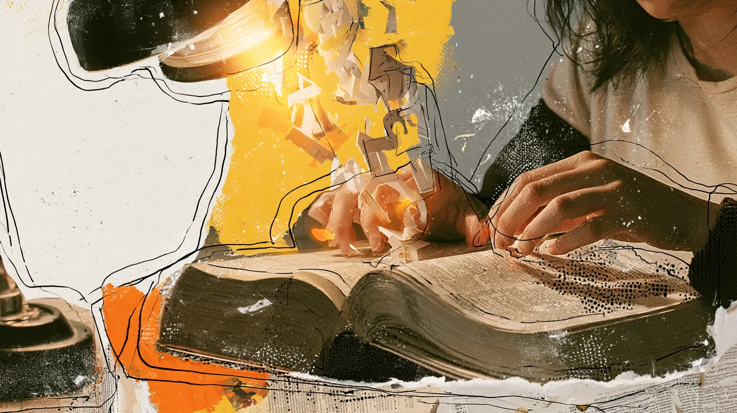 Close-up of an American college student flipping through a thick dictionary as paper letters spill upward, the Split Rent Payments glossary