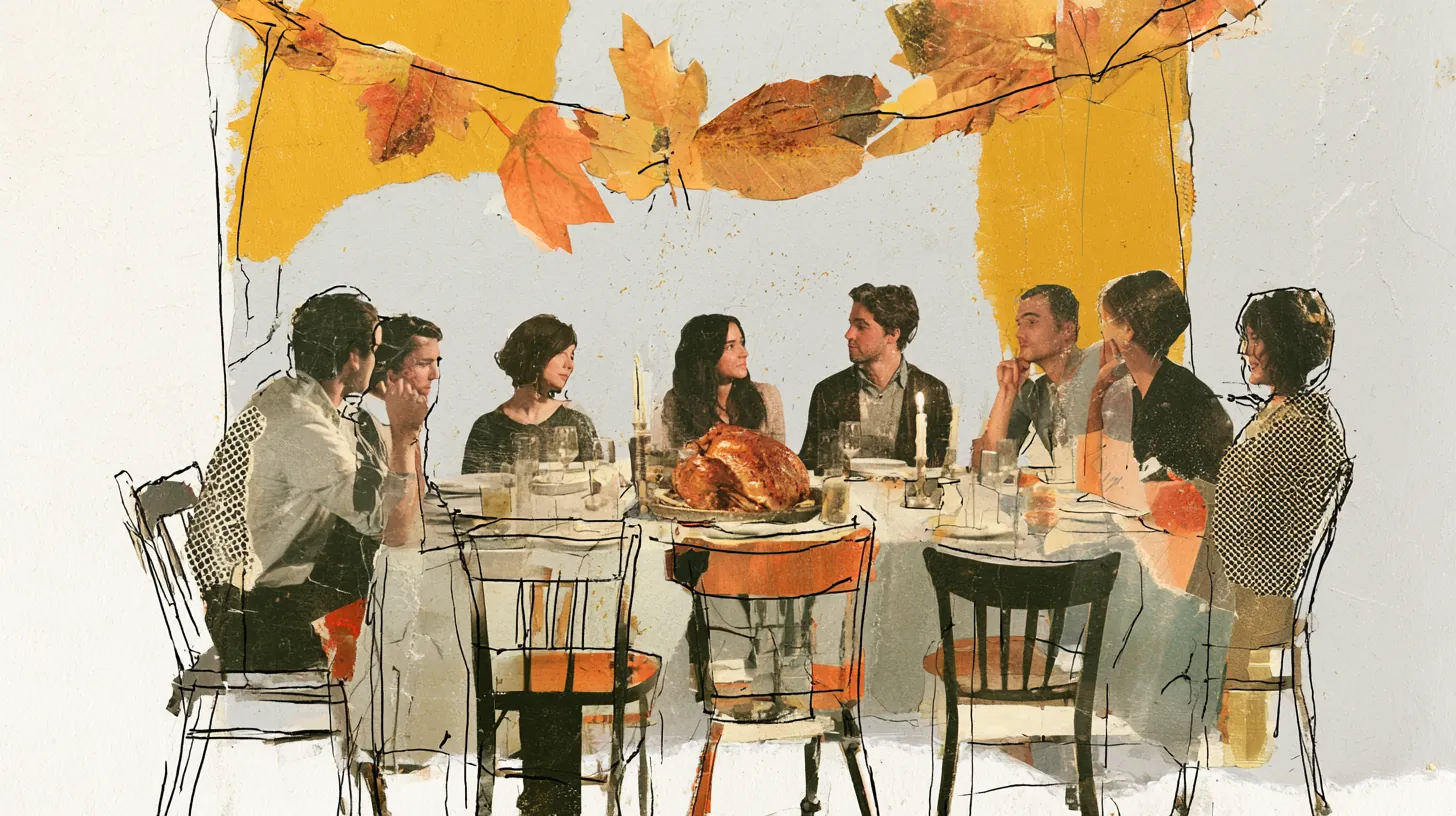 A group of American friends around a long table with a paper-cut turkey and candles, hosting a holiday dinner on a budget