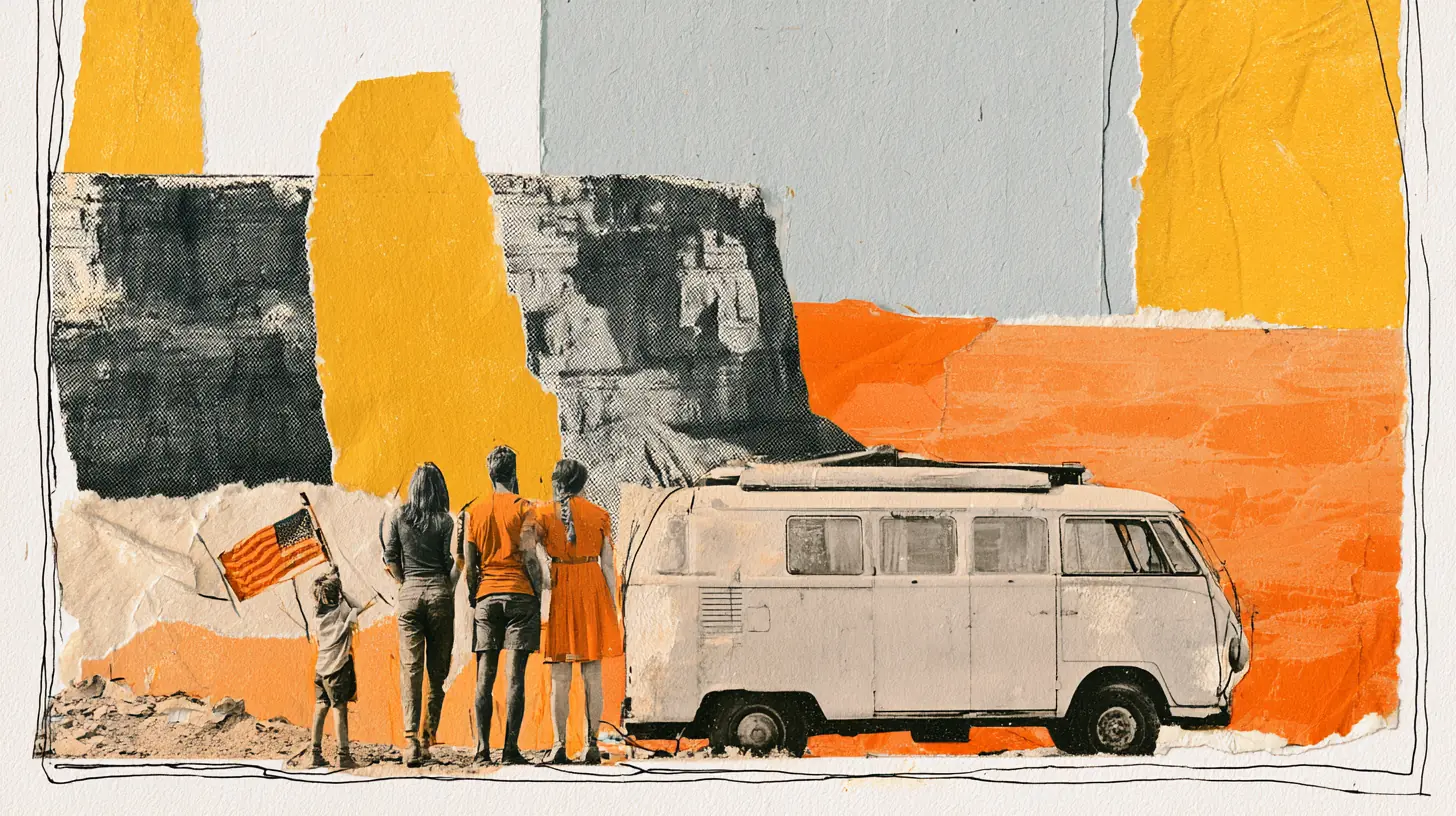 American family at a canyon overlook beside a camper van as paper mountain layers recede into the distance, a national park road trip on a budget