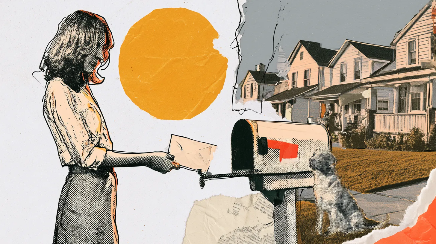 American woman pulling a personal loan envelope from a suburban mailbox at sunrise, a Split Rent Payments customer