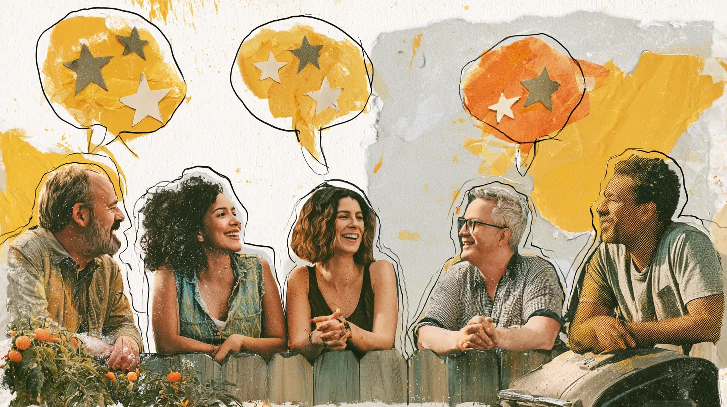Five American neighbors of different ages chatting over a backyard fence with paper speech bubbles full of stars, the reviews behind Split Rent Payments
