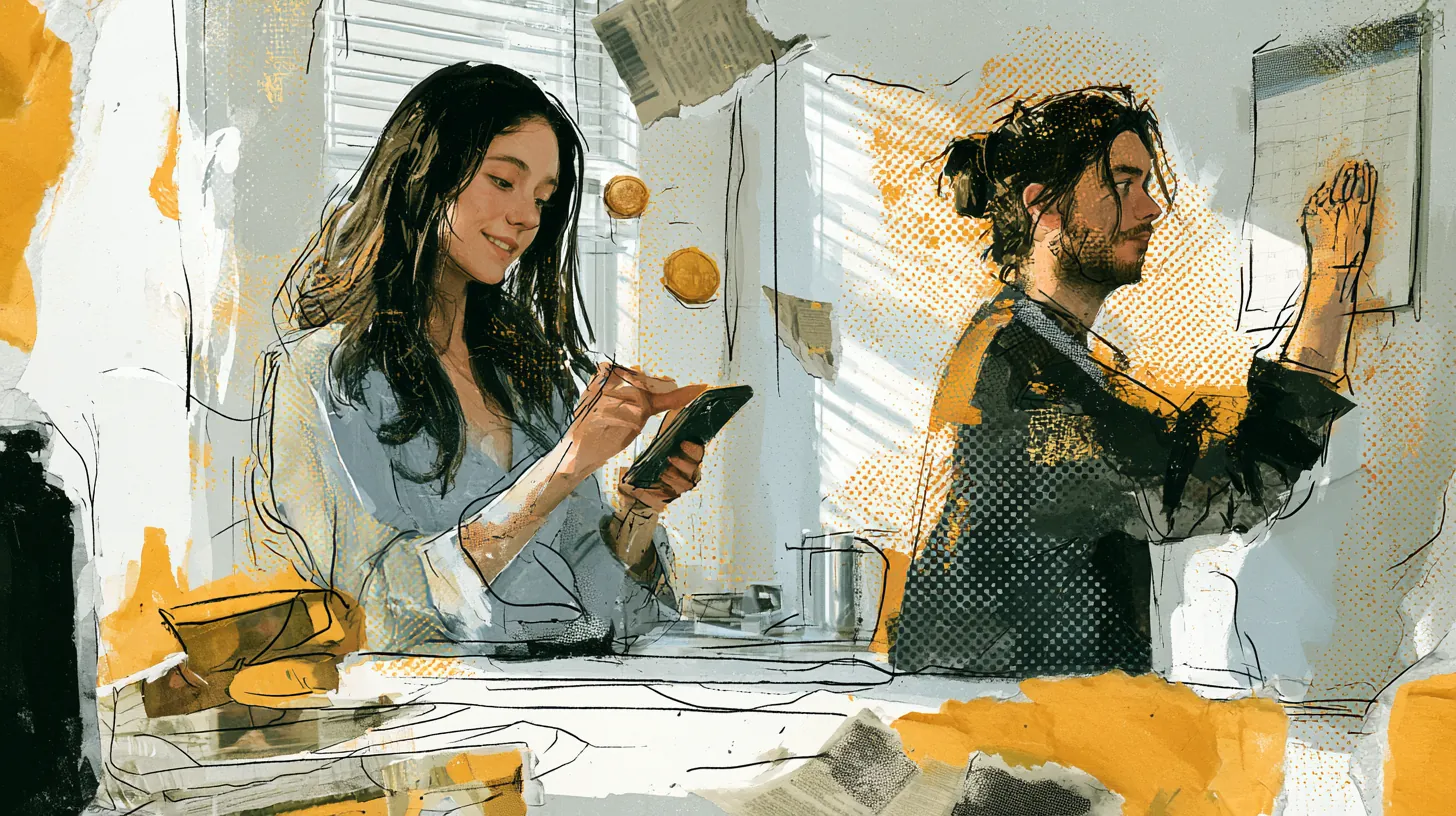 Two American roommates at a kitchen counter planning how to split rent payments with a phone and a wall calendar