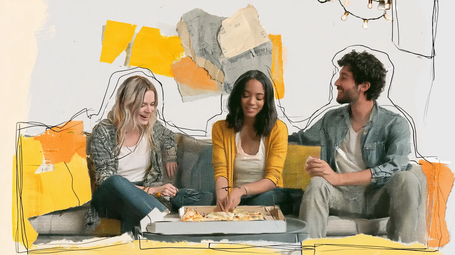 Three American roommates on a couch dividing pizza slices from a box on the coffee table, a picture of how to split rent payments fairly