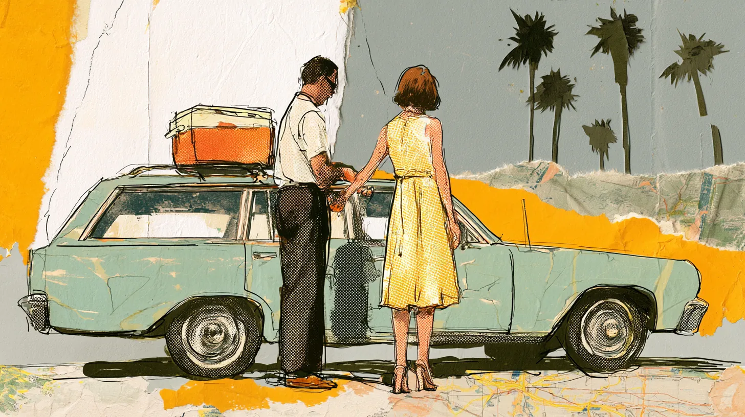 Young American couple strapping a cooler to a station wagon roof rack before a road trip funded by a vacation loan
